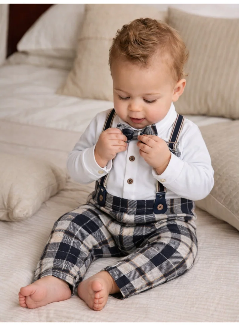 victor and jane Infant Boys’ Shirt, Bow Tie & Suspenders Mock Romper 3 Pc Set (Checked)